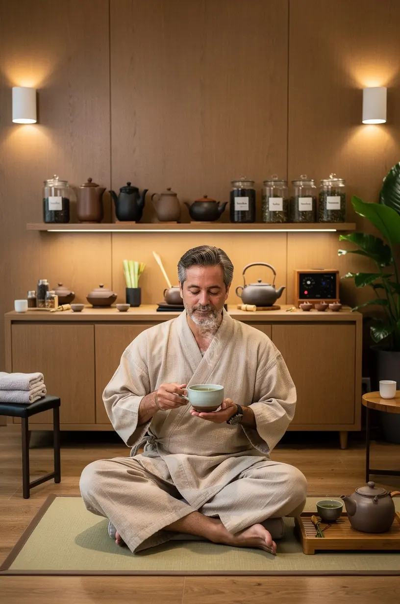 Arbatos lapeliai ir medinis šaukštelis ant šviesios staltiesės