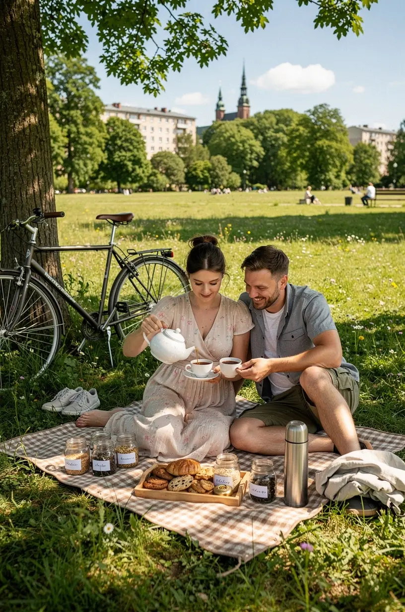 Žmogus daro pertrauką su arbatos puodeliu prie kompiuterio