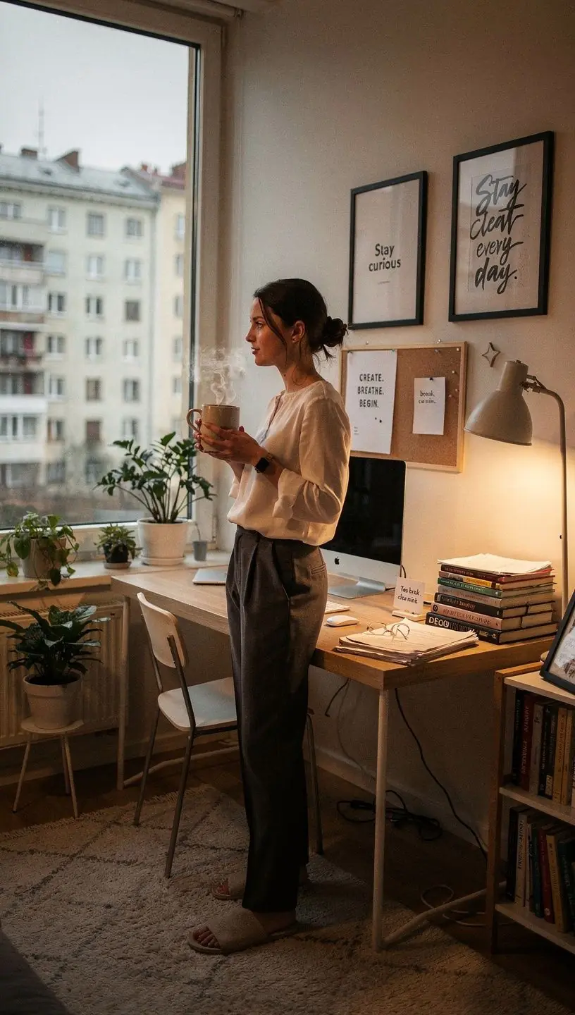 Ramus arbatos puodelis ant medinio stalo šviesiame kambaryje