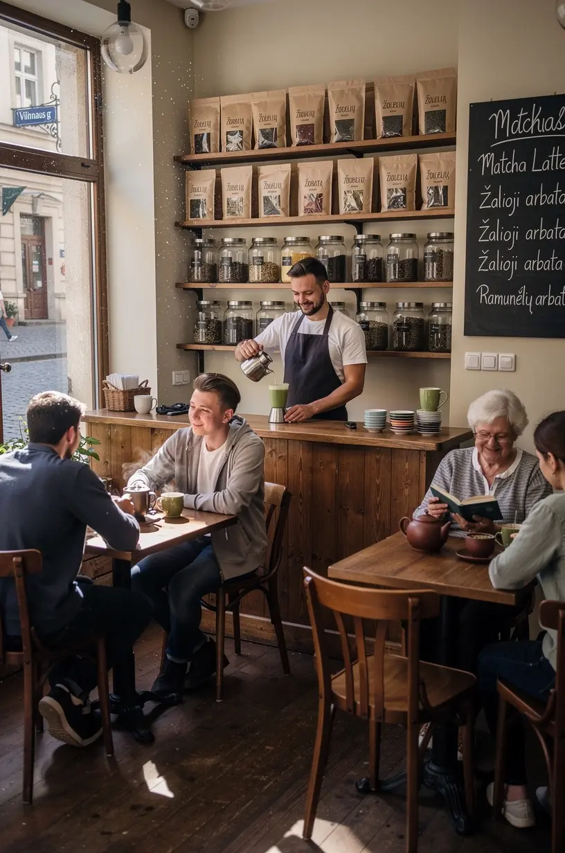 Minimalistinė darbo vieta su arbatos puodeliu ir užrašų knygele