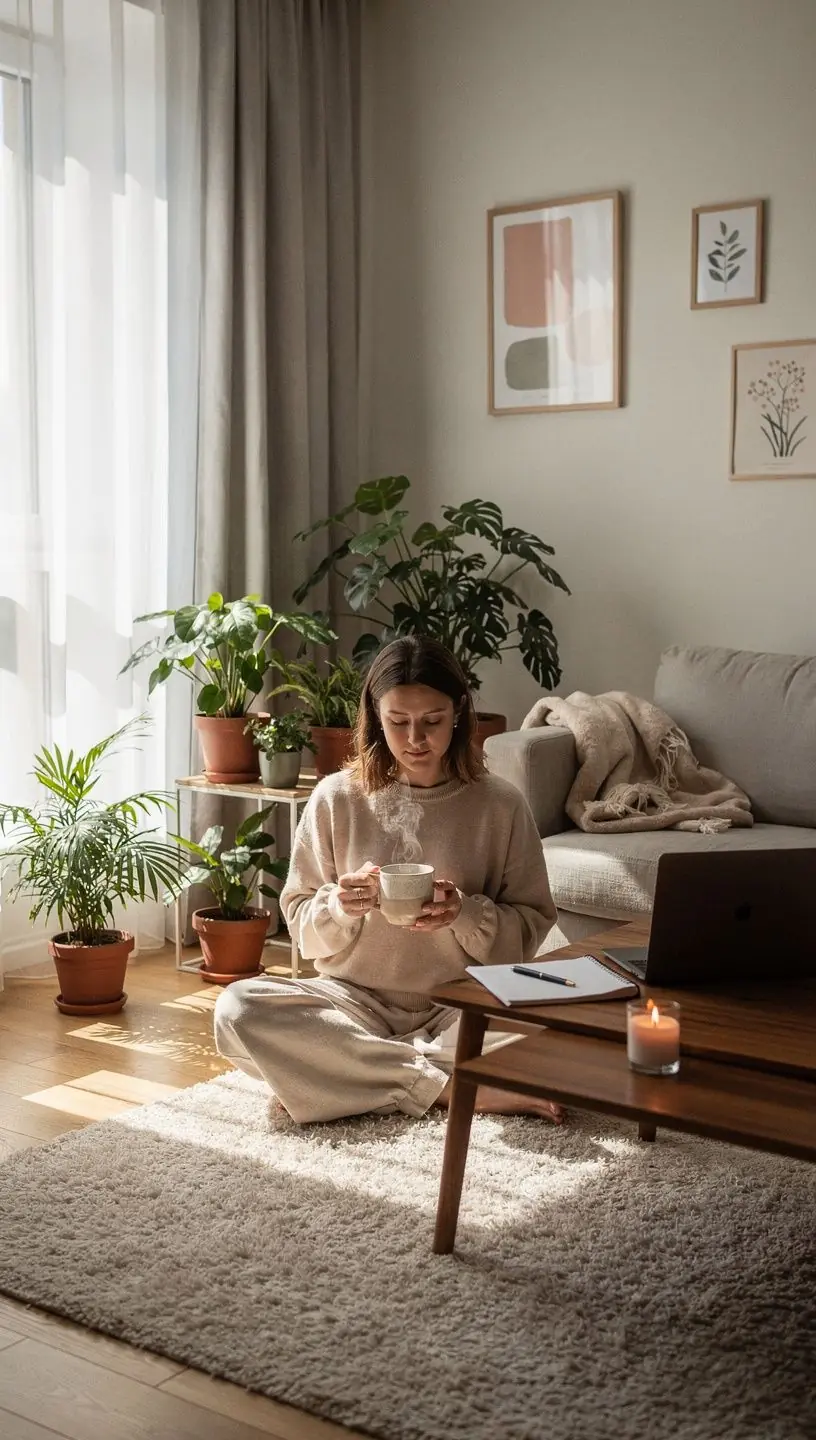 Moters ranka laiko arbatos puodelį prie lango su gamtos vaizdu